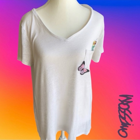 LINEN Blend White V-Neck T-Shirt with Butterfly and Floral Embroidery - Picture 4 of 9